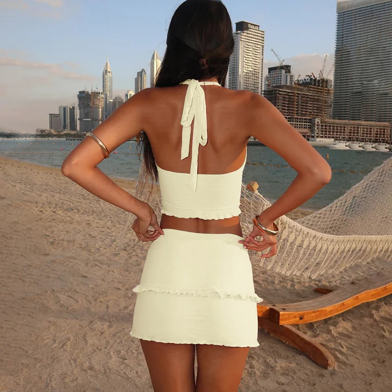 Ruffle Sexy Skirt Two Piece Sets Women Halter Lace-up Crop Top And Mini Skirt Female Beach Club Party 2 Piece Set