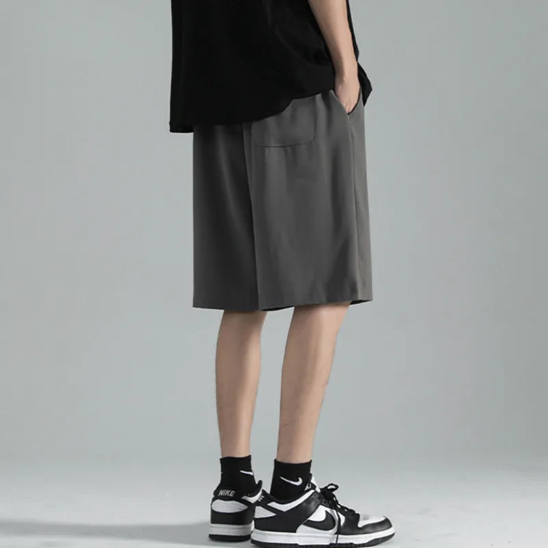 Men's Suit Shorts Ice Silk Solid Color Elastic Waist Pants Summer Casual Fashion Male Clothing Lace-up Design 2025 9W1350