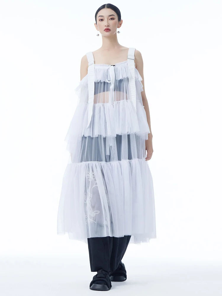 Women Black Mesh Perspective Big Size Strap Dress New Square Collar Sleeveless Fashion Tide Spring Summer 2025 1DJ1242