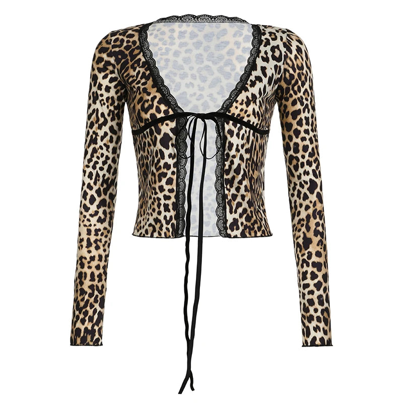 Vintage Fashion Leopard Sexy Women T-shirts Lace Trim Slim Y2K Aesthetic Tie-Up Split Cropped Tops Spring Shirt Chic
