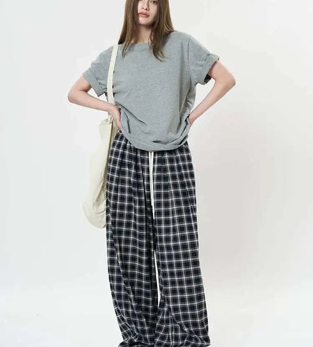 High Elastic Waist Blue Plaid Drawstring Long Wide Leg Pants New Trousers Women Fashion Tide Spring Autumn 2025 1DH9462