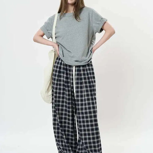 Load image into Gallery viewer, High Elastic Waist Blue Plaid Drawstring Long Wide Leg Pants New Trousers Women Fashion Tide Spring Autumn 2025 1DH9462
