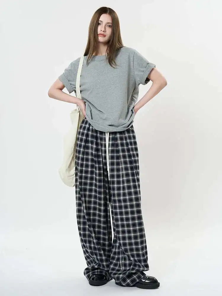 High Elastic Waist Blue Plaid Drawstring Long Wide Leg Pants New Trousers Women Fashion Tide Spring Autumn 2025 1DH9462