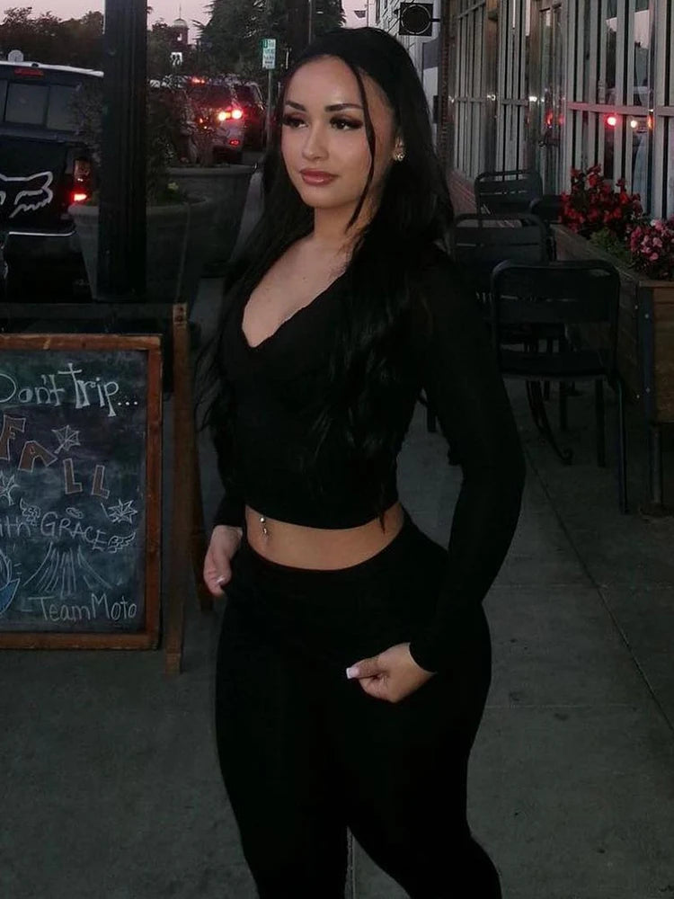 Women's Elastic Long Pants Set, Lace Edge, Skinny, Casual, Slim, Club, Street, Female, Autumn, Winter, 2 Pcs, 2024