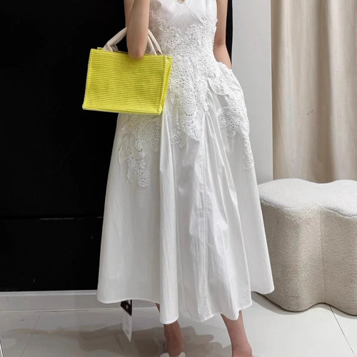 Load image into Gallery viewer, Solid Spliced Appliques Elegant Dresses for Women V Neck Sleeveless Patchwork Folds Long Dress Female Clothing New
