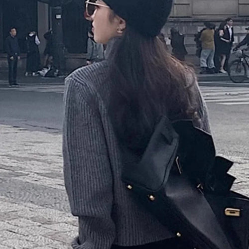 Load image into Gallery viewer, Y2k Aesthetic Harajuku Cardigan Mujer Kardigan Turtleneck Streetwear Grey Crop Tops Zipper 2025 Autumn All Match Solid  Sweater
