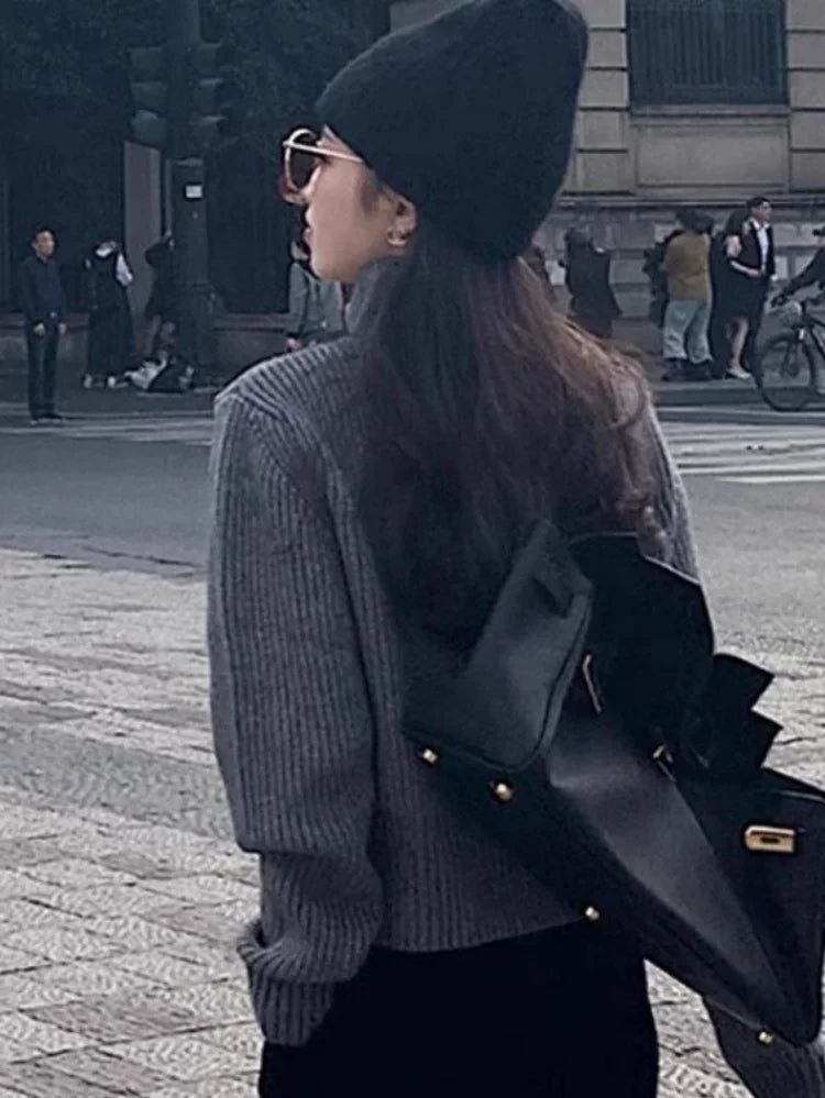 Y2k Aesthetic Harajuku Cardigan Mujer Kardigan Turtleneck Streetwear Grey Crop Tops Zipper 2025 Autumn All Match Solid  Sweater