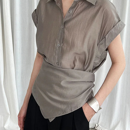 Load image into Gallery viewer, Women Blue Thin Irregular Bandage Big Size Blouse New Lapel Short Sleeve Shirt Fashion Tide Spring Summer 2025 1DJ1709
