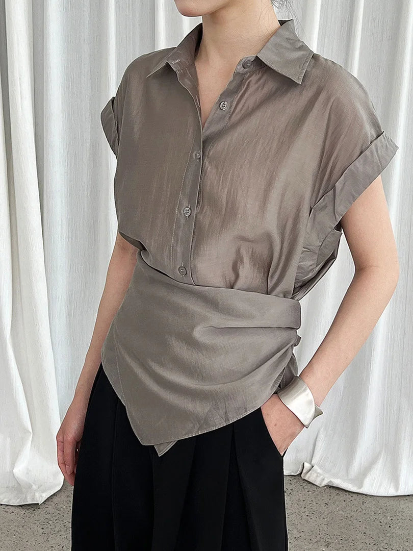 Women Blue Thin Irregular Bandage Big Size Blouse New Lapel Short Sleeve Shirt Fashion Tide Spring Summer 2025 1DJ1709