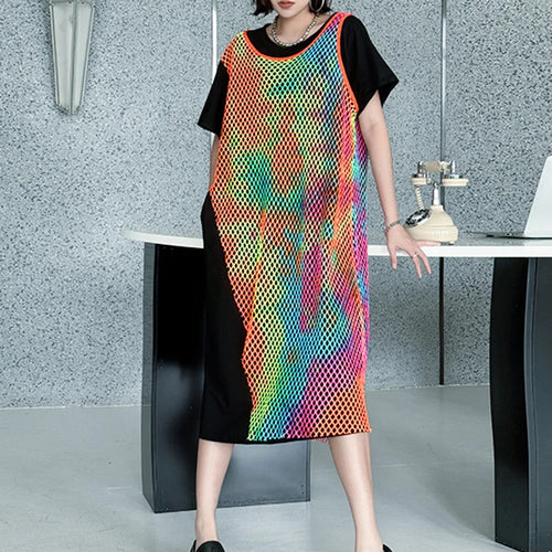 Load image into Gallery viewer, Women Green Colorful Spliced Big Size Midi Dress New Round Neck Short Sleeve Fashion Tide Spring Summer 2025 1DJ1155
