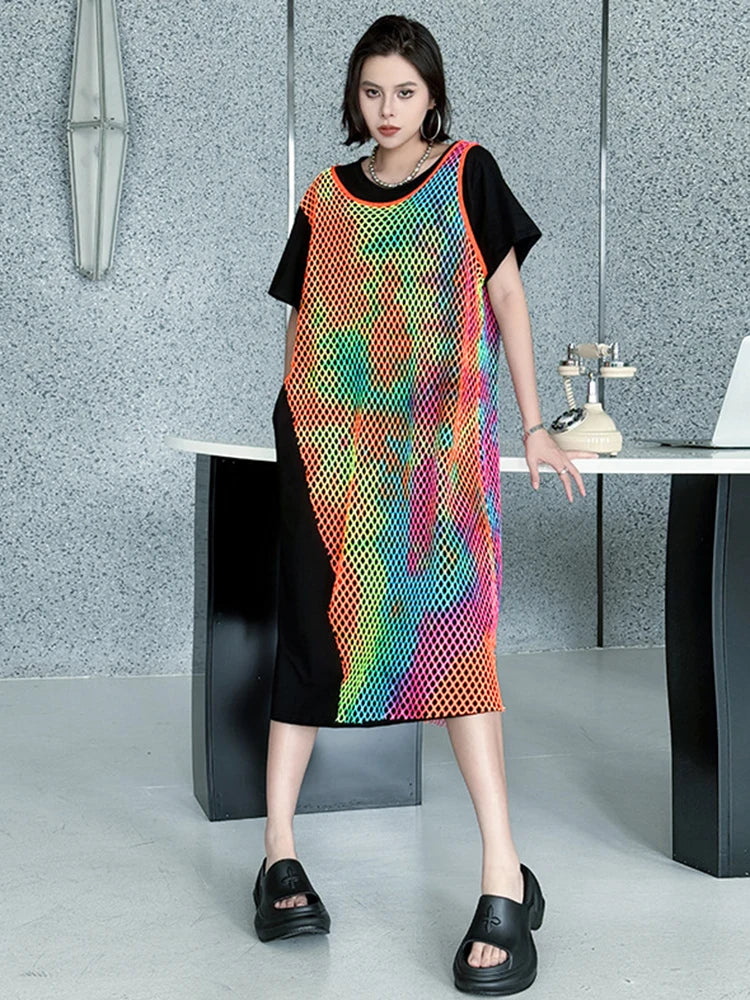 Women Green Colorful Spliced Big Size Midi Dress New Round Neck Short Sleeve Fashion Tide Spring Summer 2025 1DJ1155