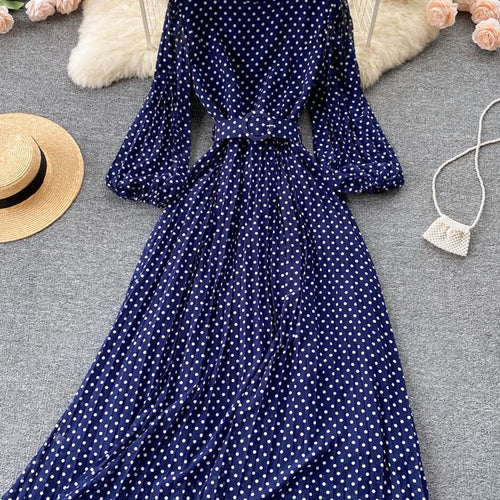 Load image into Gallery viewer, Vintage Pleated Dress for Women Polka Pot Puff Long Sleeve O Neck Elegant A Line Dresses 2023 High Waisted Casual Dress
