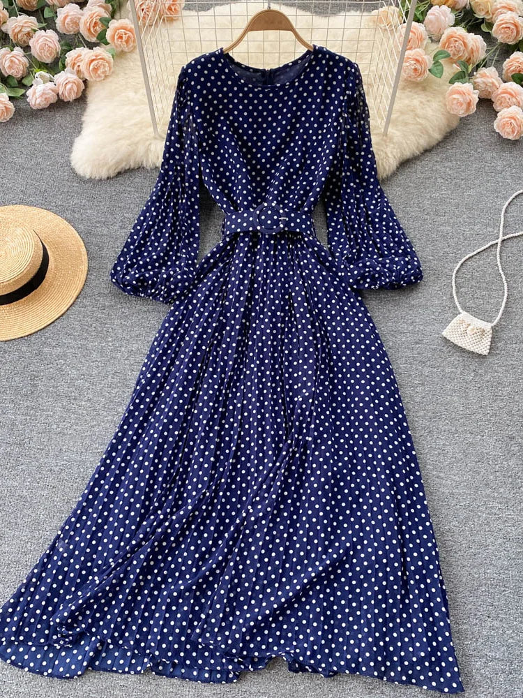 Vintage Pleated Dress for Women Polka Pot Puff Long Sleeve O Neck Elegant A Line Dresses 2023 High Waisted Casual Dress
