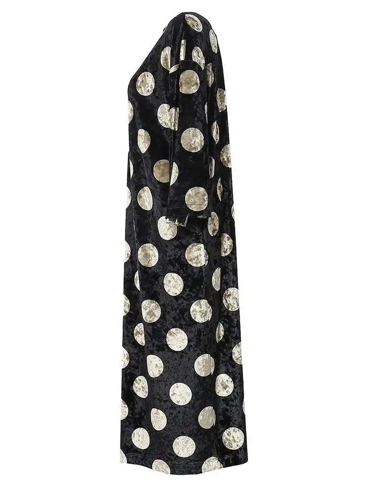 Women Black Dot Velvet Big Size Elegant Dress New Round Neck Long Sleeve Loose Fit Fashion Tide Spring Autumn 2025 1DH2819