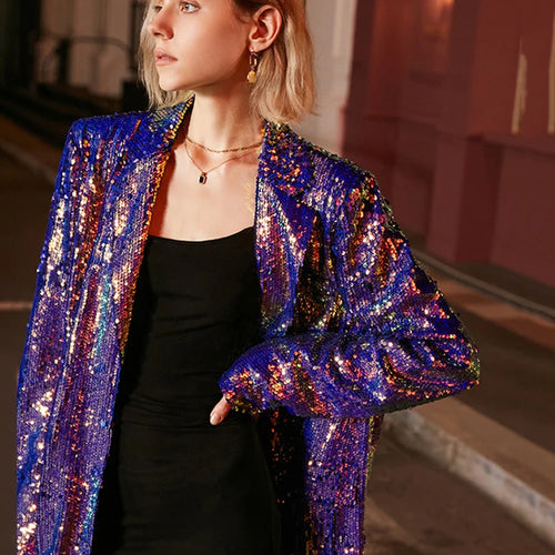 Load image into Gallery viewer, Loose Fit Blue Sequins Big Size Casual Jacket New Lapel Long Sleeve Women Coat Fashion Tide Spring Autumn 2025 1DE3504

