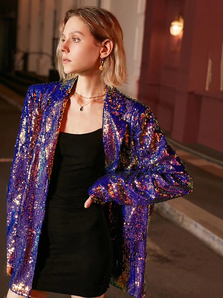 Loose Fit Blue Sequins Big Size Casual Jacket New Lapel Long Sleeve Women Coat Fashion Tide Spring Autumn 2025 1DE3504