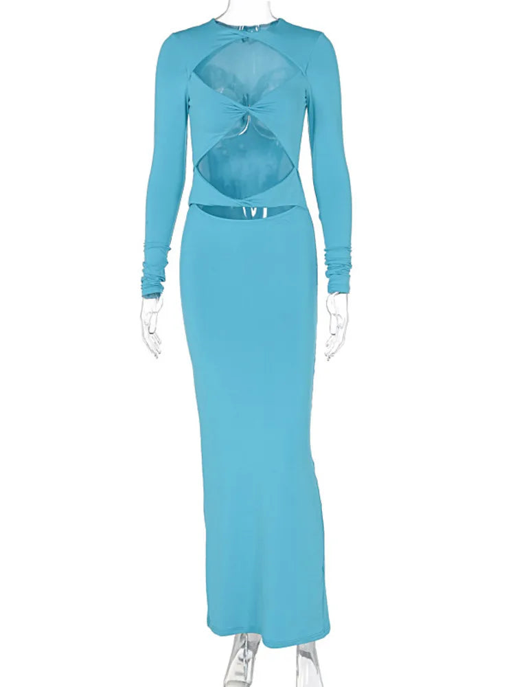 Autumn/winter Women Fashionable Hollow Out Long Sleeved Slim Sexy Dress Bodycon Elegant Party Club Evening Dress 2024