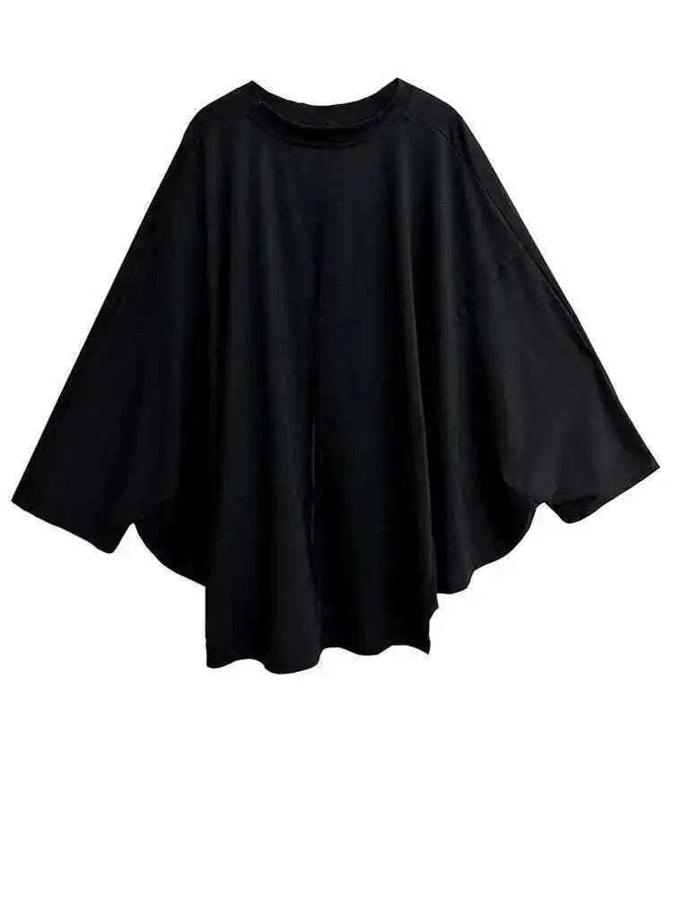 Women Black Big Size Brief Casual T-shirt New Round Neck Long Batwing Sleeve Fashion Tide Spring Autumn 2025 1DH5081