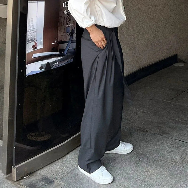 Korean Style Men's Pants Casual Belt Solid Color Bottom Straight Wide Leg Male Trousers 2025 Spring New Stylis 9C6740