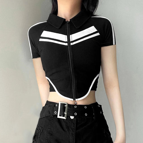 Load image into Gallery viewer, Streetwear Biker Style Zipper Summer T shirts Women Stripe Patchwork Fitness Cropped Tops Contrast Color Harajuku Tee
