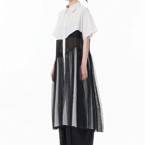 Load image into Gallery viewer, Women White Mesh Color-block Big Size Midi Shirt Dress New Lapel Short Sleeve Fashion Tide Spring Summer 2025 1DJ0045
