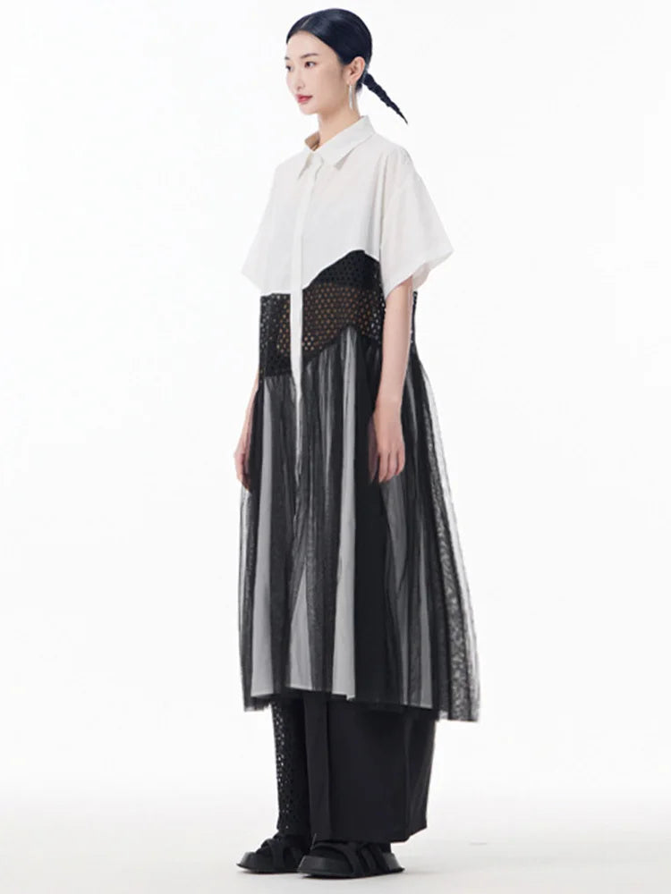 Women White Mesh Color-block Big Size Midi Shirt Dress New Lapel Short Sleeve Fashion Tide Spring Summer 2025 1DJ0045