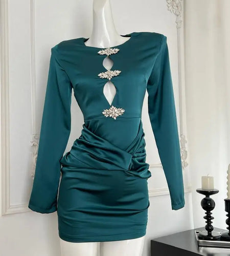 Autumn 2024 Green Diamond Elegant Wrap Hip Pleated Short Dress Women Round Neck Sexy Hollow Out Festival Party Evening Dress New