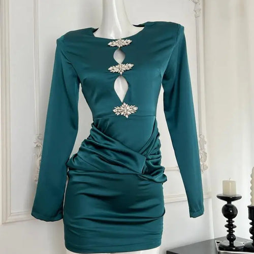 Load image into Gallery viewer, Autumn 2024 Green Diamond Elegant Wrap Hip Pleated Short Dress Women Round Neck Sexy Hollow Out Festival Party Evening Dress New
