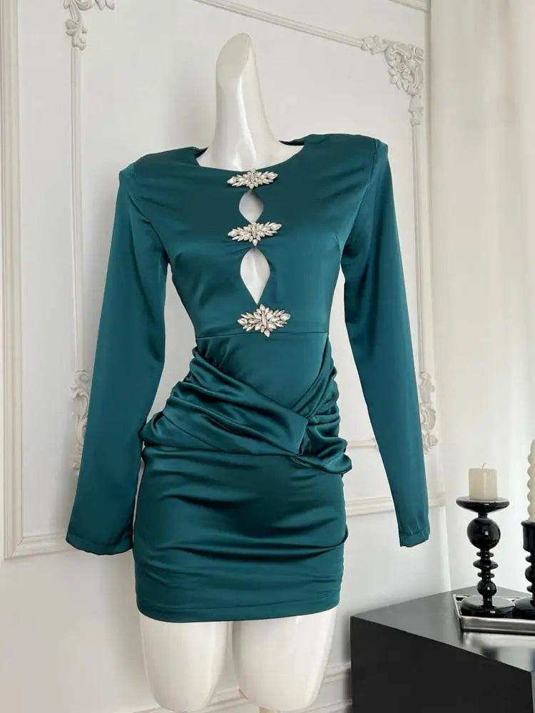 Autumn 2024 Green Diamond Elegant Wrap Hip Pleated Short Dress Women Round Neck Sexy Hollow Out Festival Party Evening Dress New