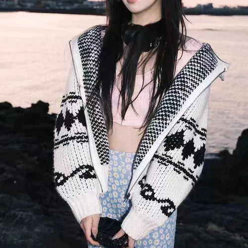 Load image into Gallery viewer, Harajuku Knitted Hooded Cardigan Women Y2k Aesthetic Zippers Casual Loose Sweater 2025 Autumn Grunge Vintage Drawstring Tops
