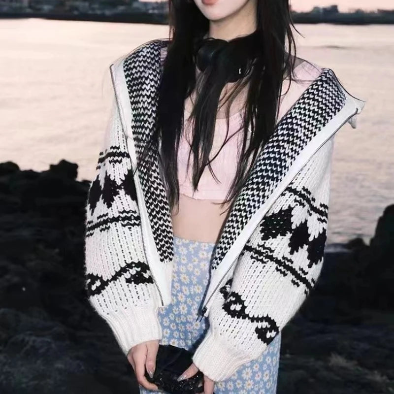 Harajuku Knitted Hooded Cardigan Women Y2k Aesthetic Zippers Casual Loose Sweater 2025 Autumn Grunge Vintage Drawstring Tops