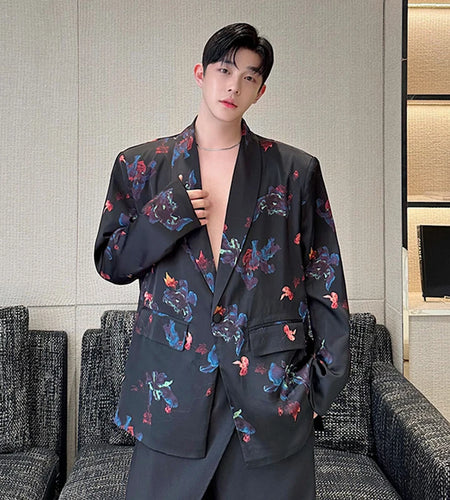 Floral Printing Men's Suit Jacket Menwear V-neck Single Button Blazer New Contrast Color Fashion Male Top Niche 2024 9C5957