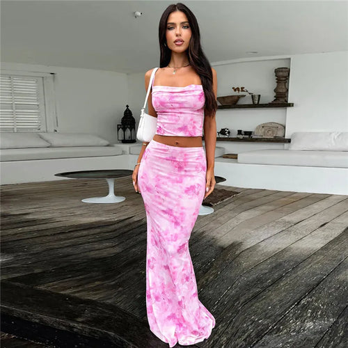 Load image into Gallery viewer, Strapless Print Sexy Two Piece Sets Women Spaghetti Strap Crop Tops And Maxi Skirt Female Elegant Printed 2 Piece Sets
