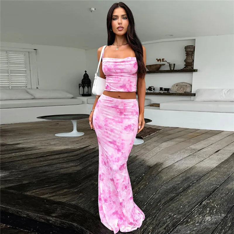 Strapless Print Sexy Two Piece Sets Women Spaghetti Strap Crop Tops And Maxi Skirt Female Elegant Printed 2 Piece Sets