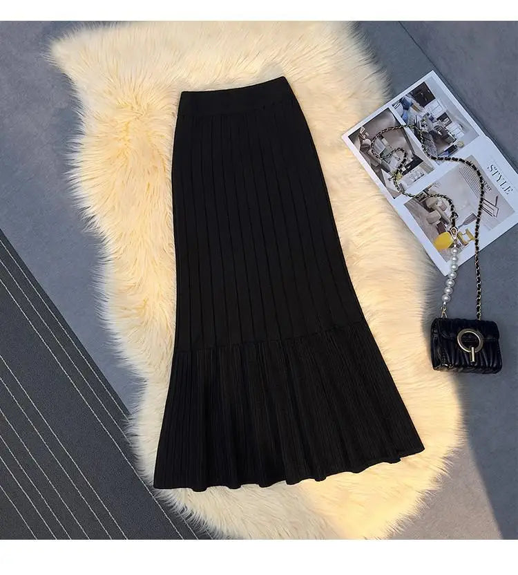 Vintage Women Solid High Waist Versatile Pleated A-line Long Skirt 2024 Autumn Winter French Sweet Knitted Fishtail Skirt Street