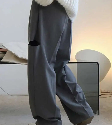 High Waist Gray Hollow Out PleatedCasual Pants New Loose Fit Trousers Women Fashion Tide Spring Autumn 2025 1DF4461