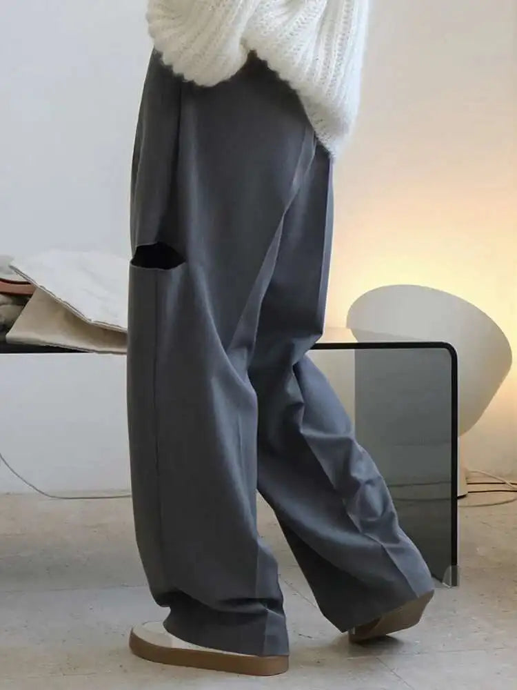 High Waist Gray Hollow Out PleatedCasual Pants New Loose Fit Trousers Women Fashion Tide Spring Autumn 2025 1DF4461