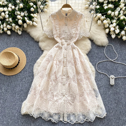 Load image into Gallery viewer, Summer French Retro Solid Elegant Lace Embroidery Single Breasted Temperament Long Dress Women Evening Party Princess Dress Chic
