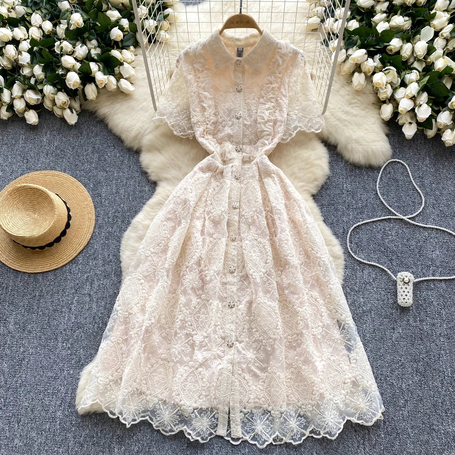 Summer French Retro Solid Elegant Lace Embroidery Single Breasted Temperament Long Dress Women Evening Party Princess Dress Chic