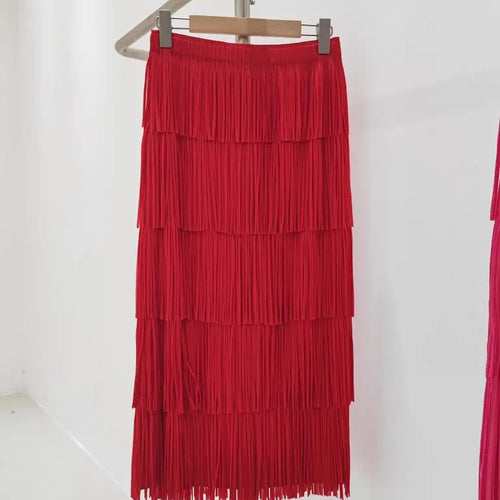 Load image into Gallery viewer, Vintage Elegant Skirt For Women High Waist Patchwork Tassel Hem Solid Midi Skirts Female High Street Summer Clothing Style Y2k
