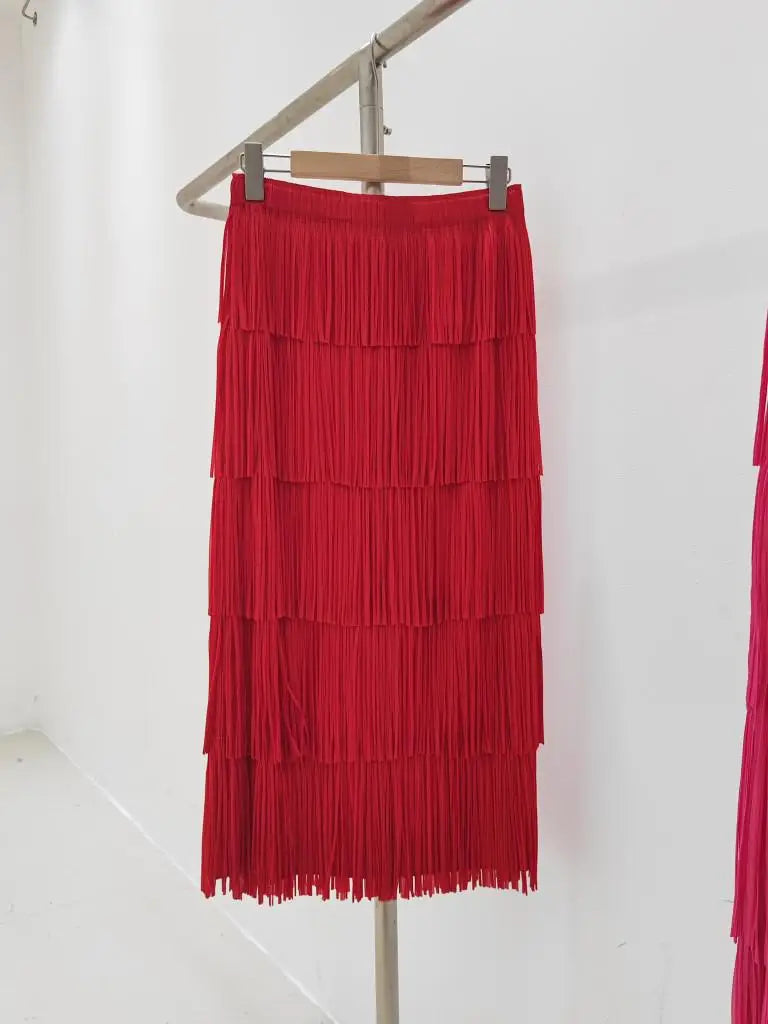 Vintage Elegant Skirt For Women High Waist Patchwork Tassel Hem Solid Midi Skirts Female High Street Summer Clothing Style Y2k