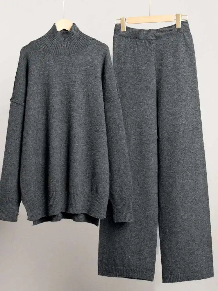 Big Size Red Sweater Wide Leg Pants Two Piece Suit New Turtleneck Long Sleeve Women Fashion Spring Autumn 2025 1DH8550