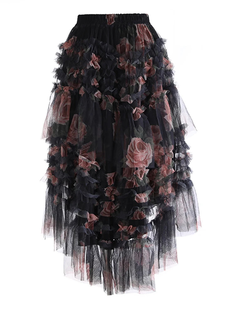 High Elastic Waist Apricot Mesh Irregular Ball Gown Half-body Skirt Women Fashion Tide New Spring Autumn 2025 1DJ1274