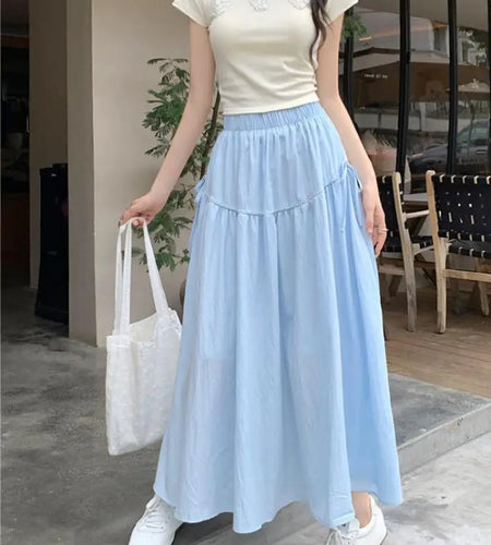Vintage White Elastic High Waist A-line Skirt For Women Blue Elegant Lace-up Pleated Long Skirt 2024 Summer Ladies Versatile New