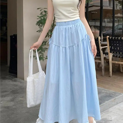 Load image into Gallery viewer, Vintage White Elastic High Waist A-line Skirt For Women Blue Elegant Lace-up Pleated Long Skirt 2024 Summer Ladies Versatile New
