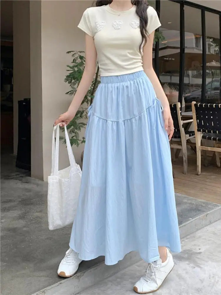 Vintage White Elastic High Waist A-line Skirt For Women Blue Elegant Lace-up Pleated Long Skirt 2024 Summer Ladies Versatile New