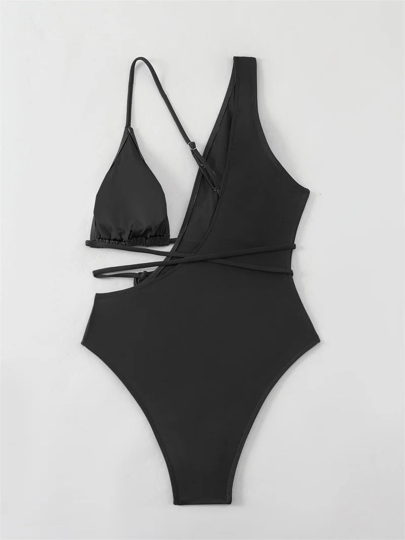 Asymmetric Cut Out Wrap Around One Piece Swimsuit Women Swimwear Sexy High Cut Bathing Suit High Waist Monokini