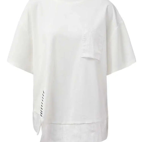 Load image into Gallery viewer, Women Black Pocket Color-block Topstitched Big Size T-shirt New Round Neck Short Sleeve Fashion Spring Summer 2025 1DH5356
