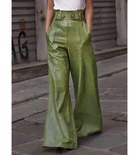Autumn Winter Women's Faux Pu Long Pants 2024 High Waisted Loose Pleated Pockets Streetwear Female Wide Leg Trousers