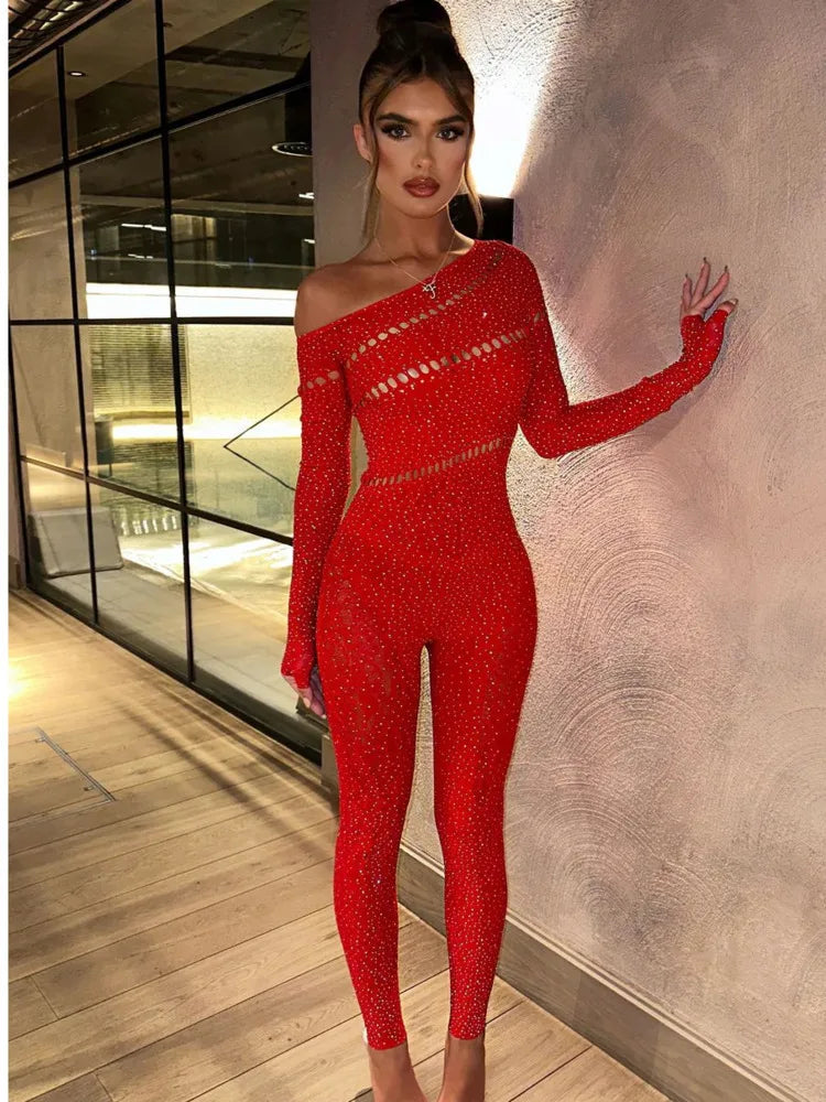 Sexy Tight Long Sleeved Hot Stamping Hollow Jumpsuit Women High Elasticity Jumpsuit Female Autumn New 2024 Club Clothing